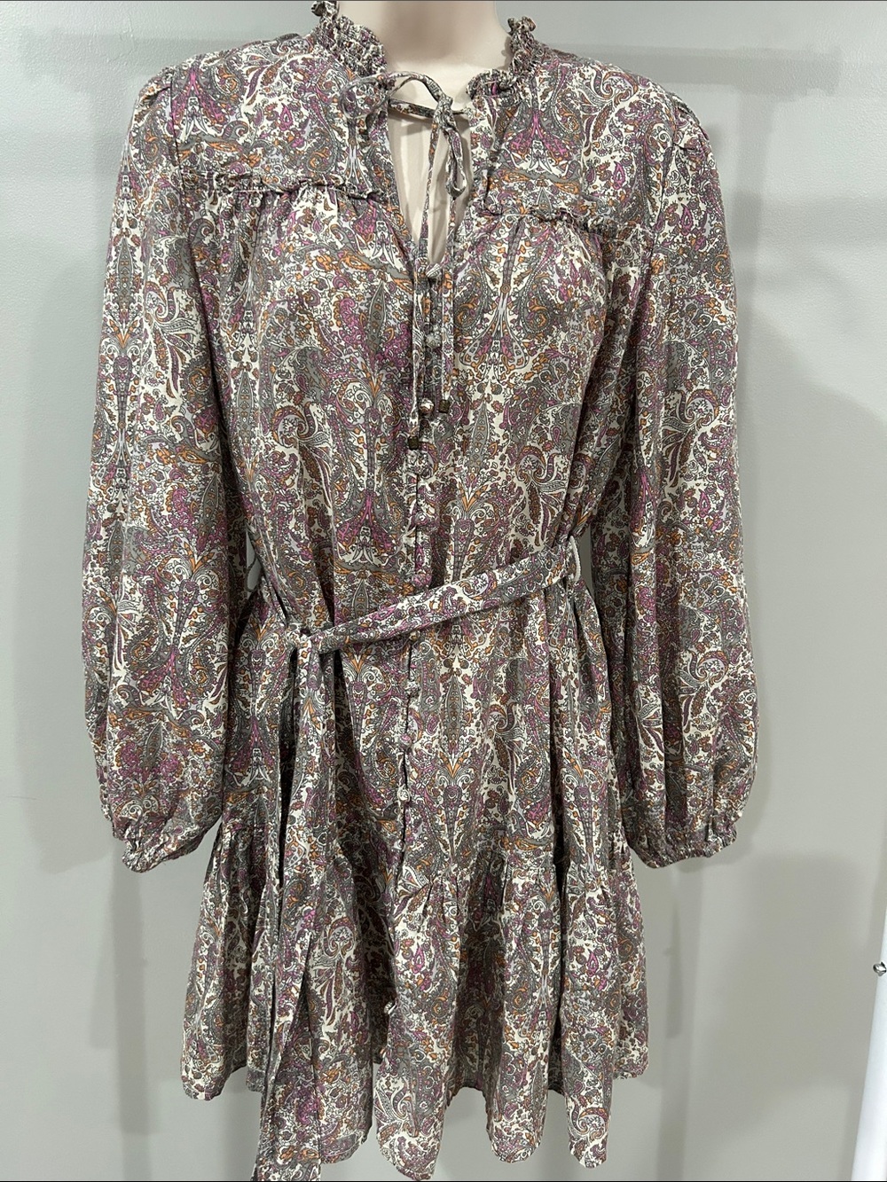 ANTHROPOLOGIE  Floral Paisley Long-Sleeve Mini Dress in Mauve
